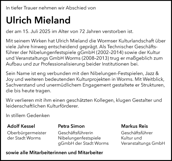 Traueranzeige von Ulrich Mieland von Wormser Zeitung
