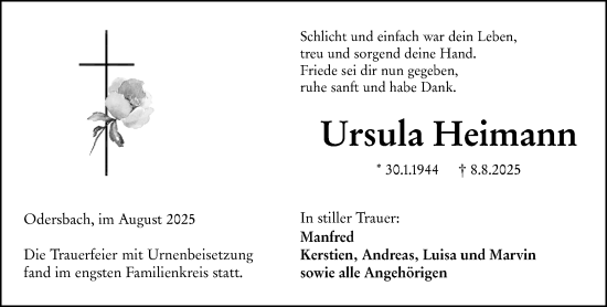 Traueranzeige von Ursula Heimann von Weilburger Tageblatt