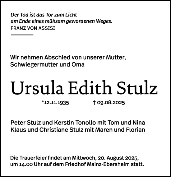 Traueranzeige von Ursula Edith Stulz von Allgemeine Zeitung Mainz
