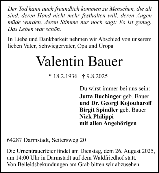 Traueranzeige von Valentin Bauer von Darmstädter Echo