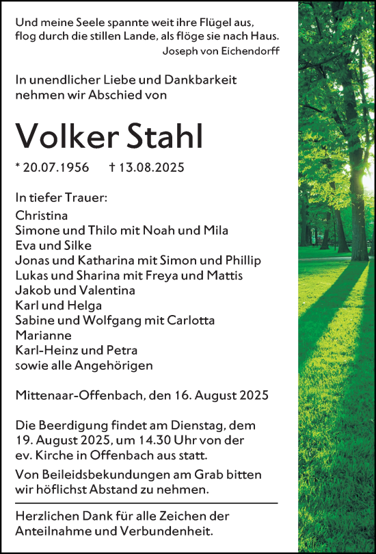 Traueranzeige von Volker Stahl von Dill Block