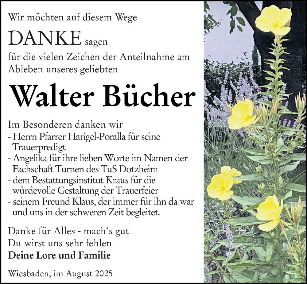  Traueranzeige für Walter Bücher vom 16.08.2025 aus Wiesbadener Kurier