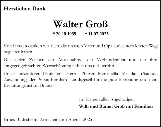 Traueranzeige von Walter Groß von Allgemeine Zeitung Alzey