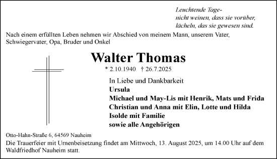 Traueranzeige von Walter Thomas von Rüsselsheimer Echo
