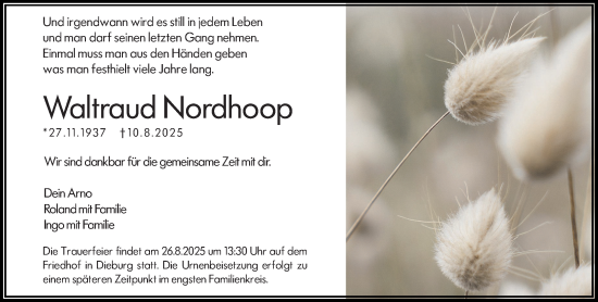 Traueranzeige von Waltraud Nordhoop von Dieburger Anzeiger/Groß-Zimmerner Lokal-Anzeiger