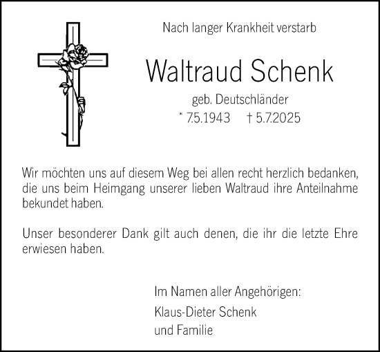Traueranzeige von Waltraud Schenk von Hochheimer Zeitung