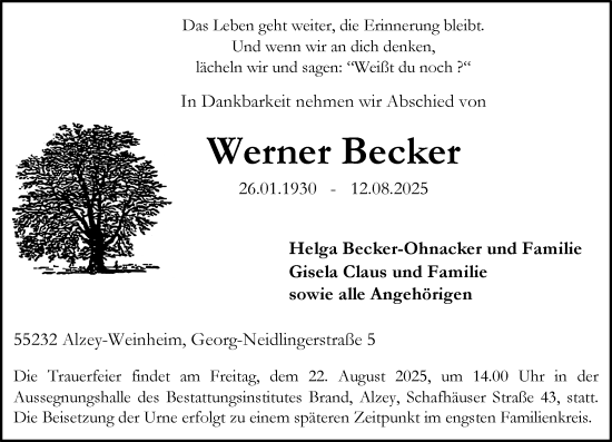 Traueranzeige von Werner Becker von Allgemeine Zeitung Alzey