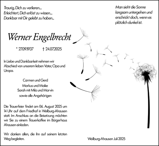 Traueranzeige von Werner Engelbrecht von Weilburger Tageblatt