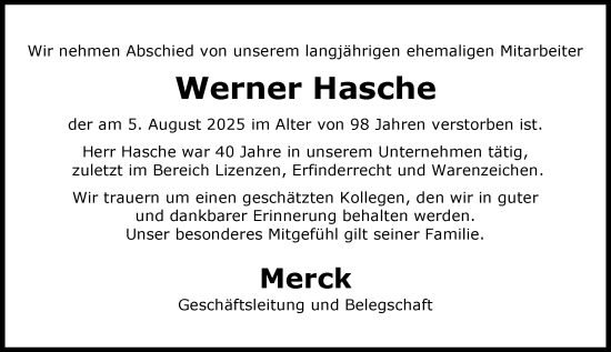 Traueranzeige von Werner Hasche von Darmstädter Echo