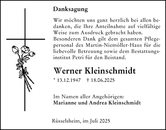 Traueranzeige von Werner Kleinschmidt von Rüsselsheimer Echo