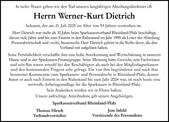 Traueranzeige von Werner-Kurt Dietrich von Allgemeine Zeitung Mainz