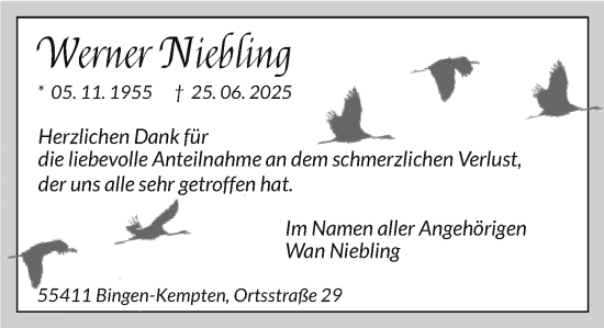 Traueranzeige von Werner Niebling von Binger-/Ingelheimer Wochenblatt