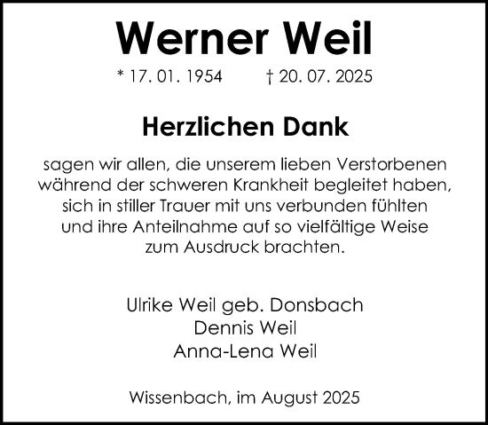 Traueranzeige von Werner Weil von Dill Block