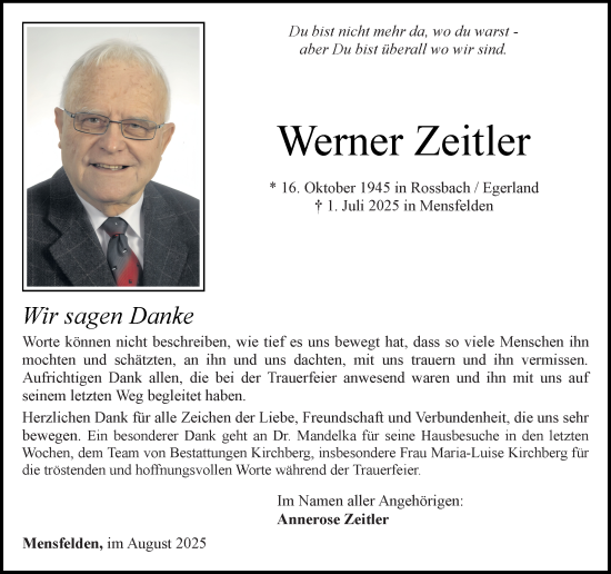 Traueranzeige von Werner Zeitler von Nassauische Neue Presse