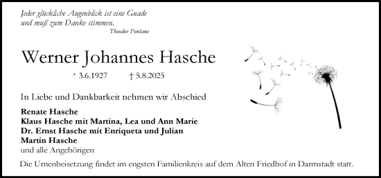 Traueranzeige von Werner Johannes Hasche von Darmstädter Echo