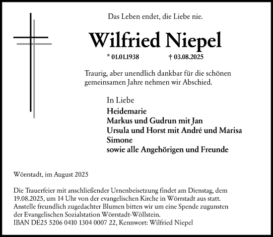 Traueranzeige von Wilfried Niepel von Allgemeine Zeitung Alzey