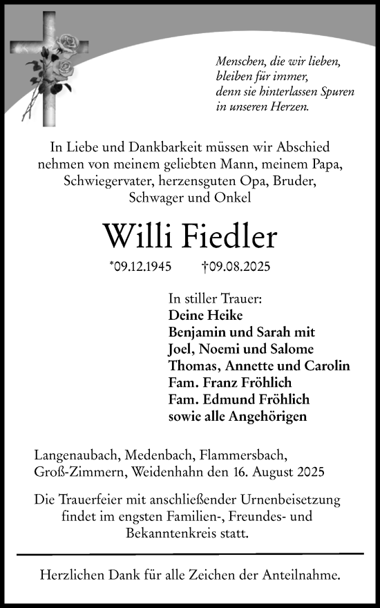 Traueranzeige von Willi Fiedler von Dill Block