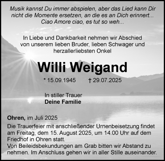 Traueranzeige von Willi Weigand von Nassauische Neue Presse