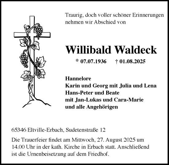 Traueranzeige von Willibald Waldeck von Rheingau Kurier