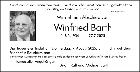 Traueranzeige von Winfried Barth von Rüsselsheimer Echo