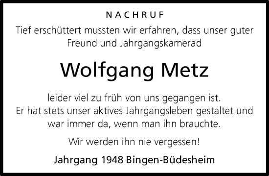Traueranzeige von Wolfgang Metz von Binger-/Ingelheimer Wochenblatt