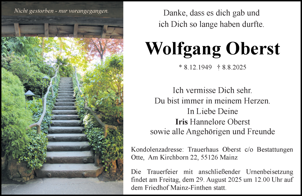  Traueranzeige für Wolfgang Oberst vom 23.08.2025 aus Allgemeine Zeitung Mainz