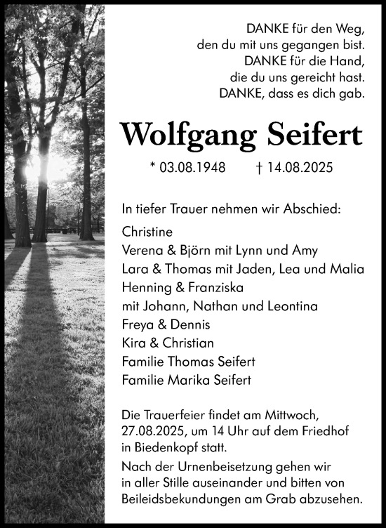 Traueranzeige von Wolfgang Seifert von Hinterländer Anzeiger