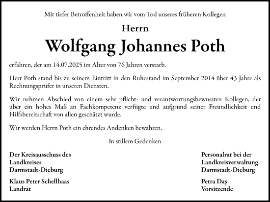 Traueranzeige von Wolfgang Johannes Poth von Darmstädter Echo
