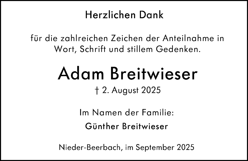  Traueranzeige für Adam Breitwieser vom 06.09.2025 aus Darmstädter Echo