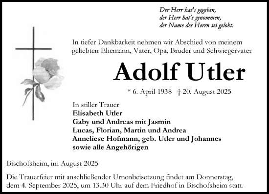Traueranzeige von Adolf Utler von Rüsselsheimer Echo