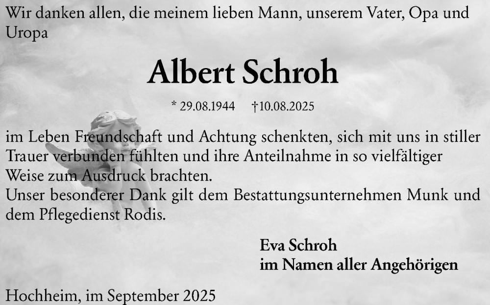  Traueranzeige für Albert Schroh vom 05.09.2025 aus Hochheimer Zeitung