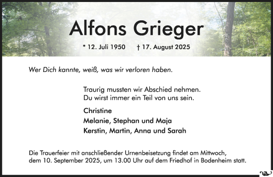 Traueranzeige von Alfons Grieger von Allgemeine Zeitung Mainz