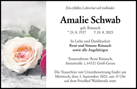 Traueranzeige von Amalie Schwab von Groß-Gerauer Echo