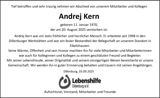 Traueranzeige von Andrej Kern von Dill Block