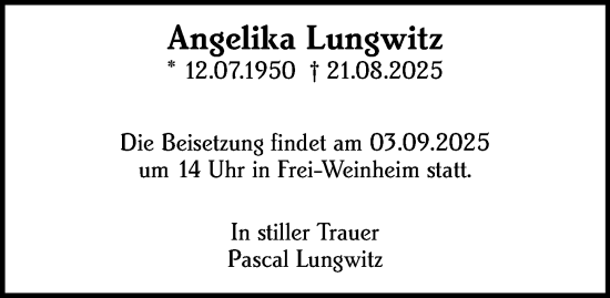 Traueranzeige von Angelika Lungwitz von Allgemeine Zeitung Rheinhessen-Nahe