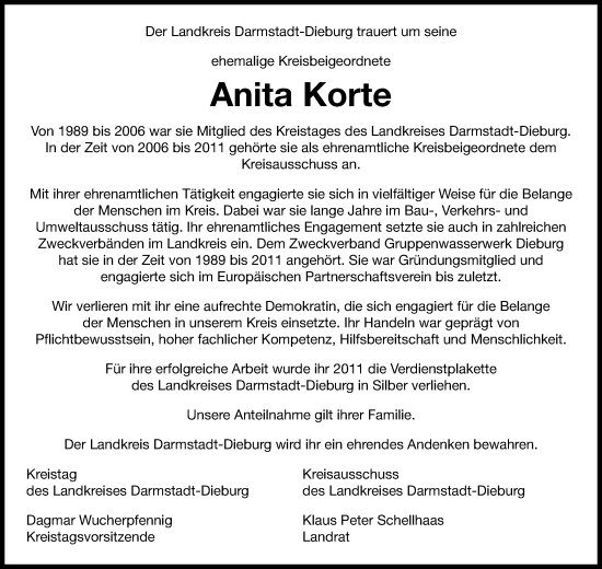 Traueranzeige von Anita Korte von Darmstädter Echo