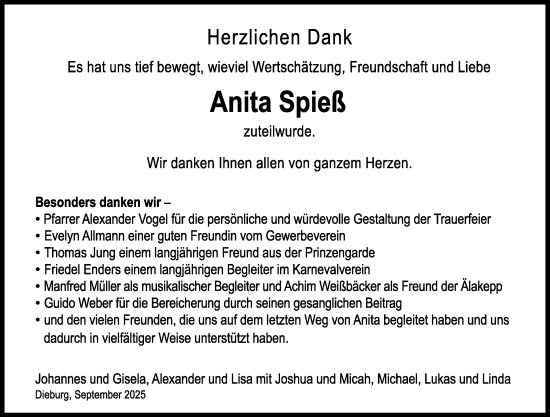 Traueranzeige von Anita Spieß von Dieburger Anzeiger/Groß-Zimmerner Lokal-Anzeiger