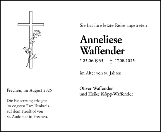 Traueranzeige von Anneliese Waffender von Hochheimer Zeitung