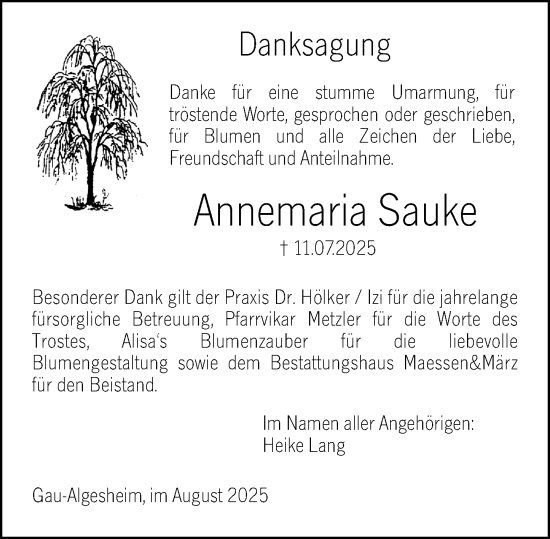 Traueranzeige von Annemaria Sauke von Allgemeine Zeitung Rheinhessen-Nahe