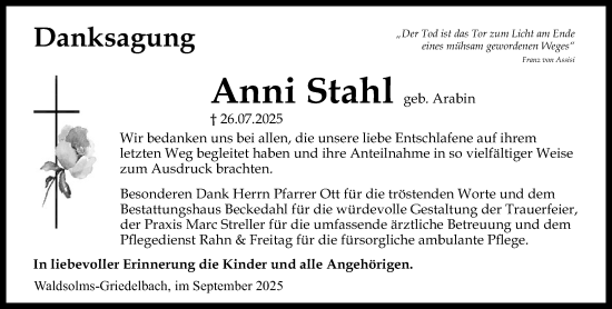 Traueranzeige von Anni Stahl von Wetzlarer Neue Zeitung
