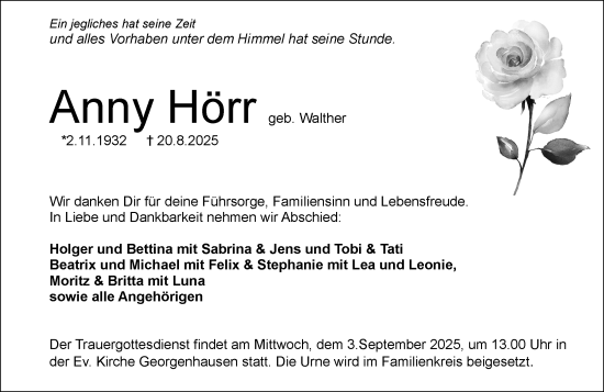 Traueranzeige von Anny Hörr von Darmstädter Echo