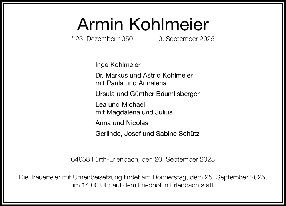  Traueranzeige für Armin Kohlmeier vom 20.09.2025 aus Starkenburger Echo