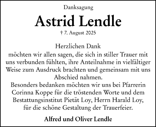 Traueranzeige von Astrid Lendle von Wiesbadener Kurier