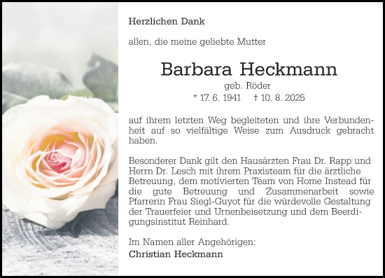 Traueranzeige von Barbara Heckmann von Darmstädter Echo
