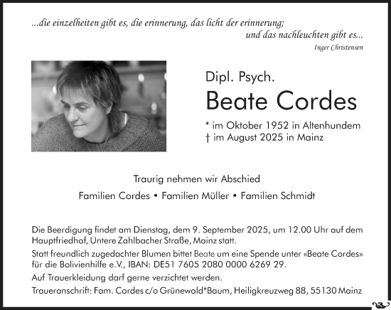 Traueranzeige von Beate Cordes von Allgemeine Zeitung Mainz
