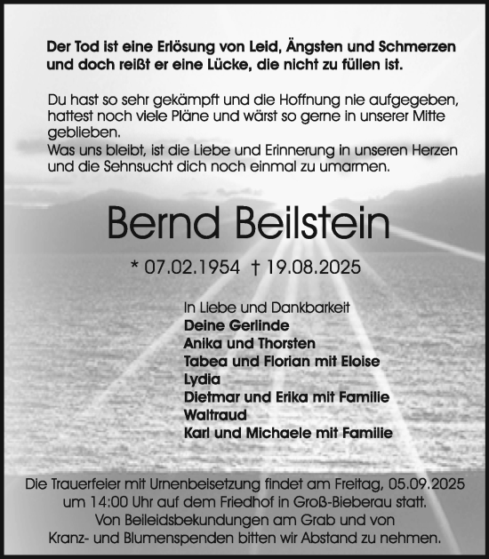 Traueranzeige von Bernd Beilstein von Odenwälder Echo