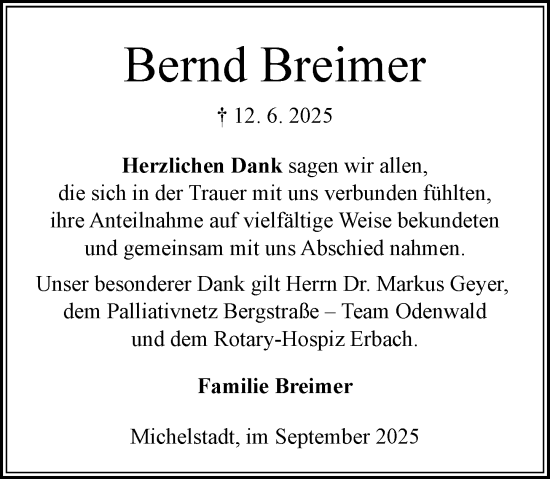 Traueranzeige von Bernd Breimer von Odenwälder Echo