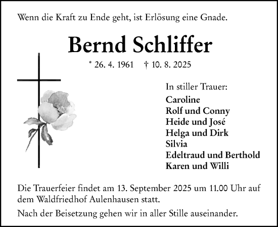 Traueranzeige von Bernd Schliffer von Weilburger Tageblatt