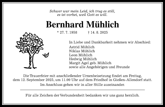 Traueranzeige von Bernhard Mühlich von Wetzlarer Neue Zeitung