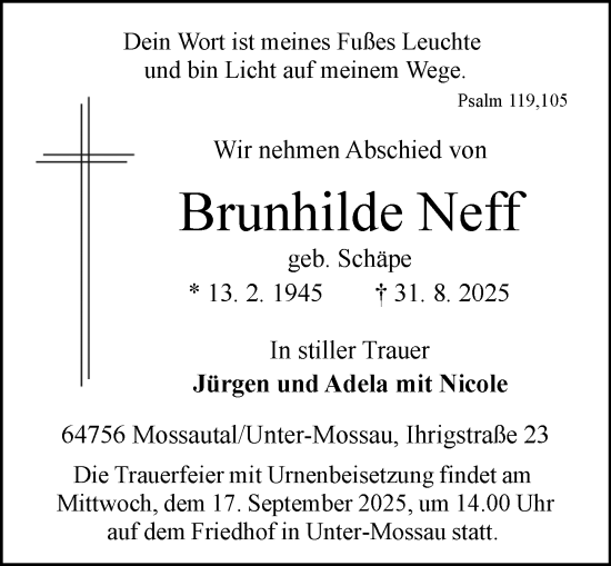 Traueranzeige von Brunhilde Neff von Odenwälder Echo